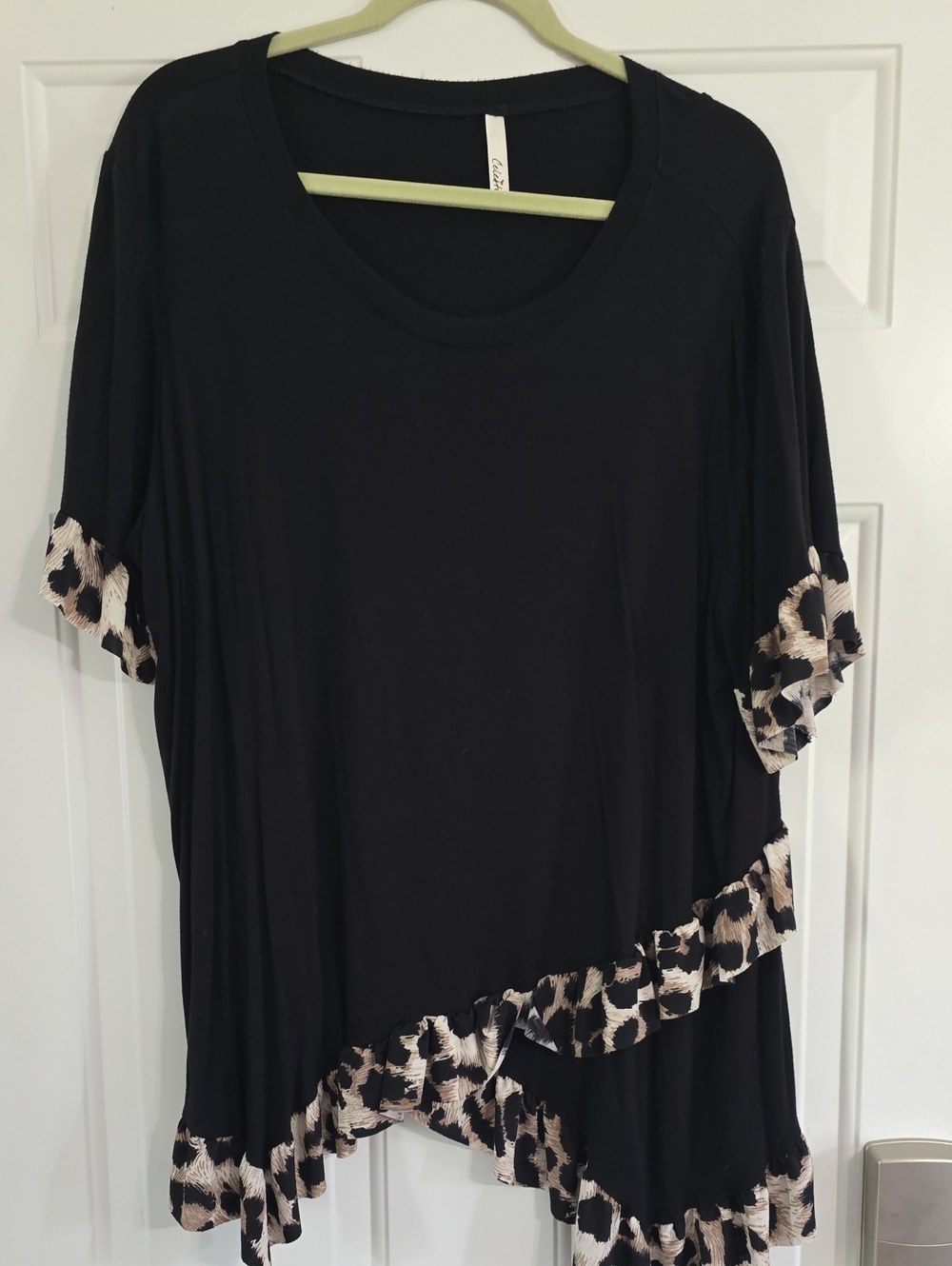 Celeste Black Scoop Neck Tunic with Leopard Ruffle Trim